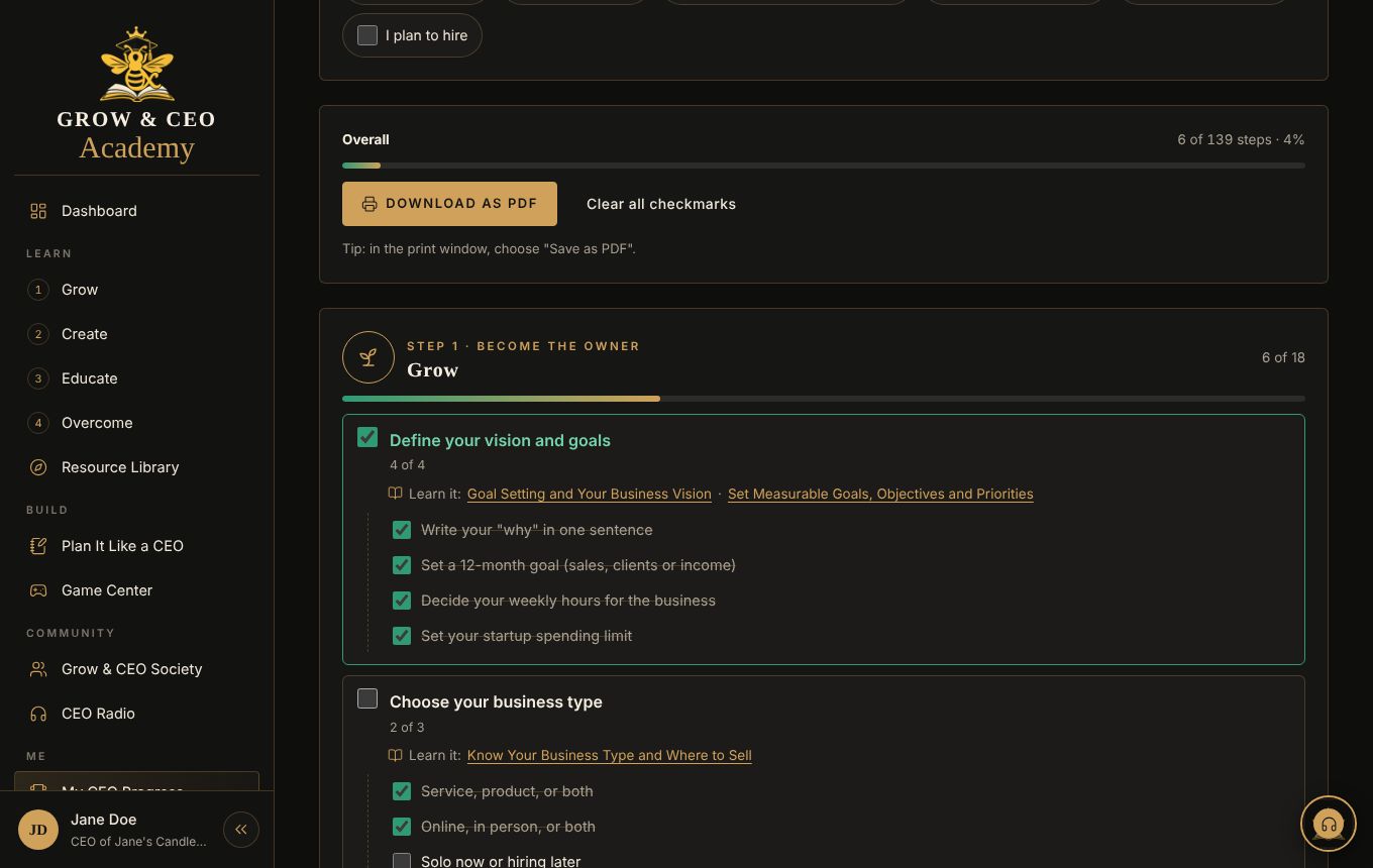 The Business Checklist with the first Grow steps checked off