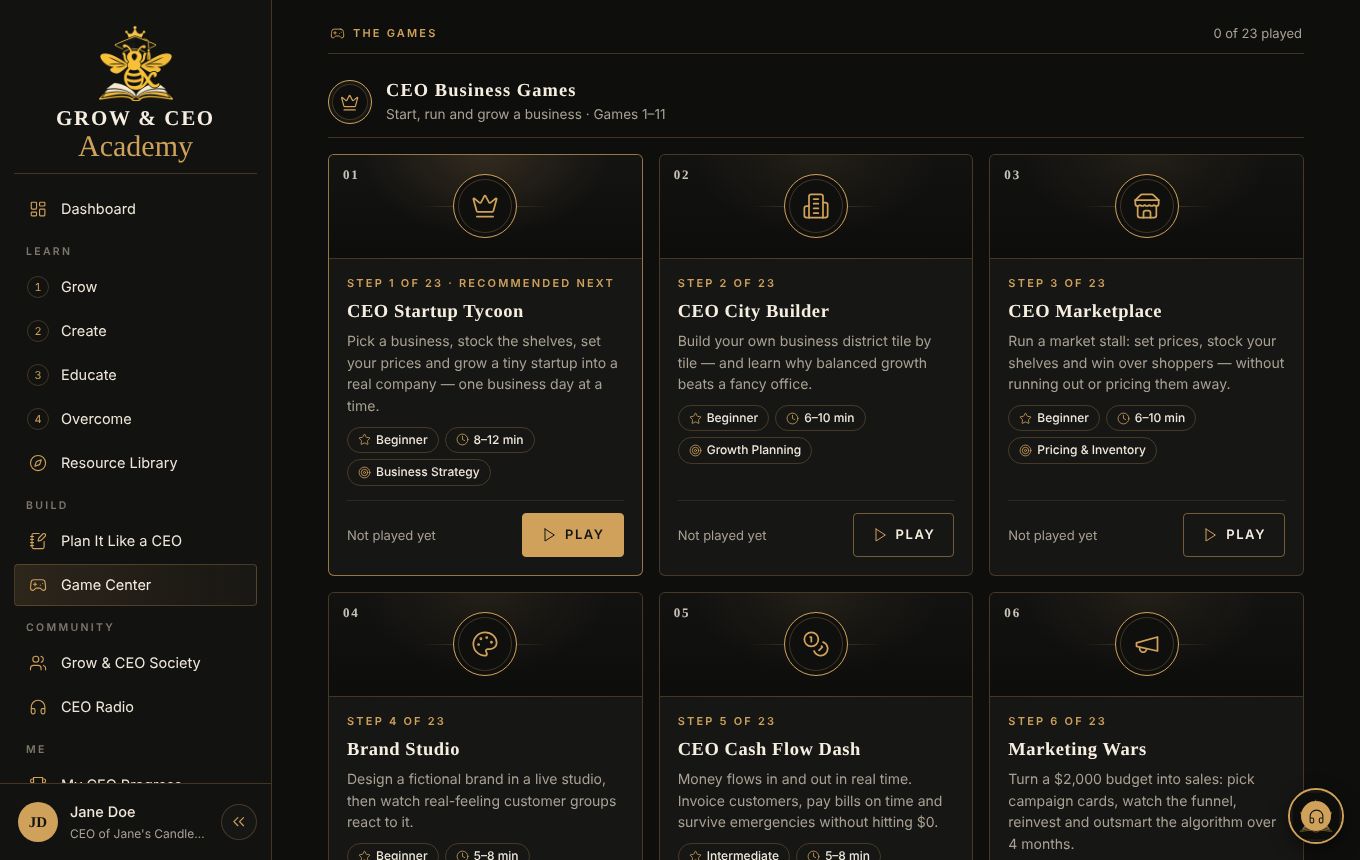 The Game Center showing game cards for CEO Startup Tycoon, City Builder, Marketplace, Brand Studio, Cash Flow Dash and Marketing Wars
