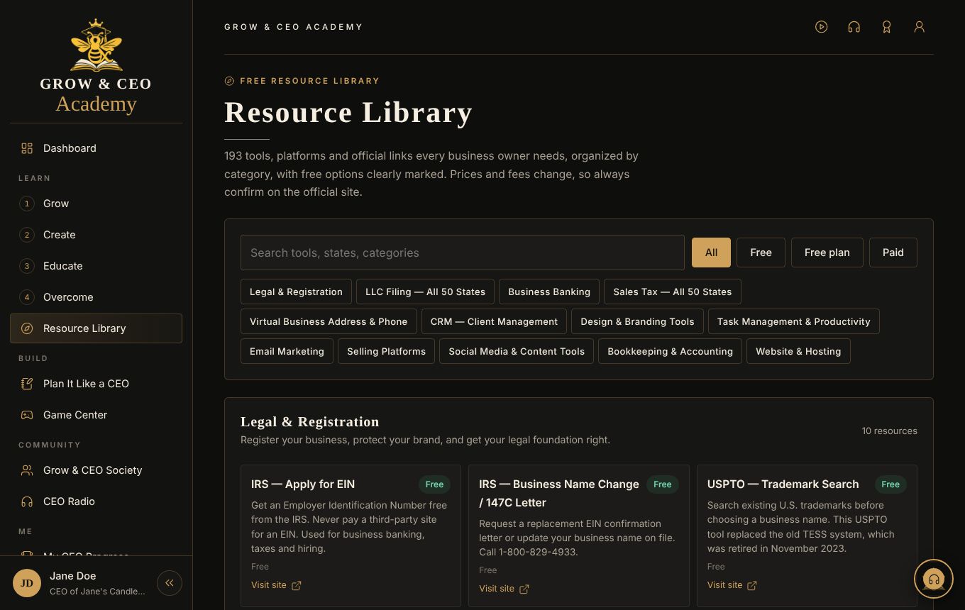 The Resource Library with category filters and free IRS and USPTO links