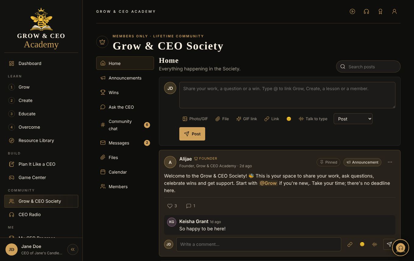 The Grow & CEO Society home feed with a pinned welcome from Alijae